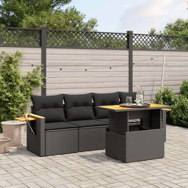 VidaXL 5 részes fekete polyrattan kerti kanapészett párnákkal