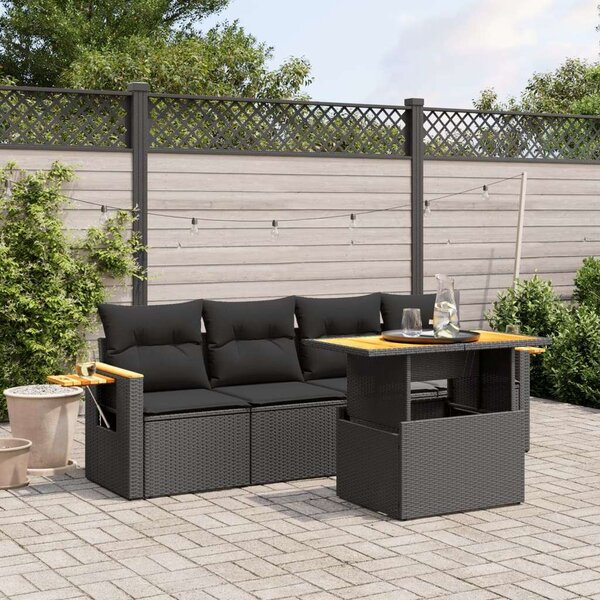 VidaXL 5 részes fekete polyrattan kerti kanapészett párnákkal