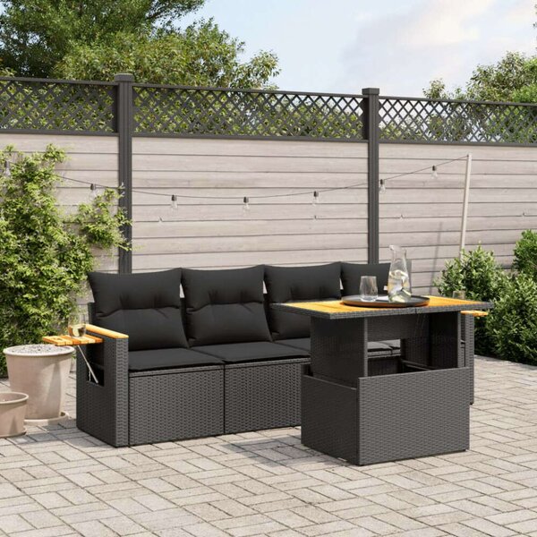 VidaXL 5 részes fekete polyrattan kerti kanapészett párnákkal
