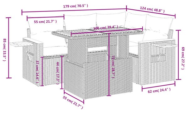 VidaXL 5 részes fekete polyrattan kerti kanapészett párnákkal
