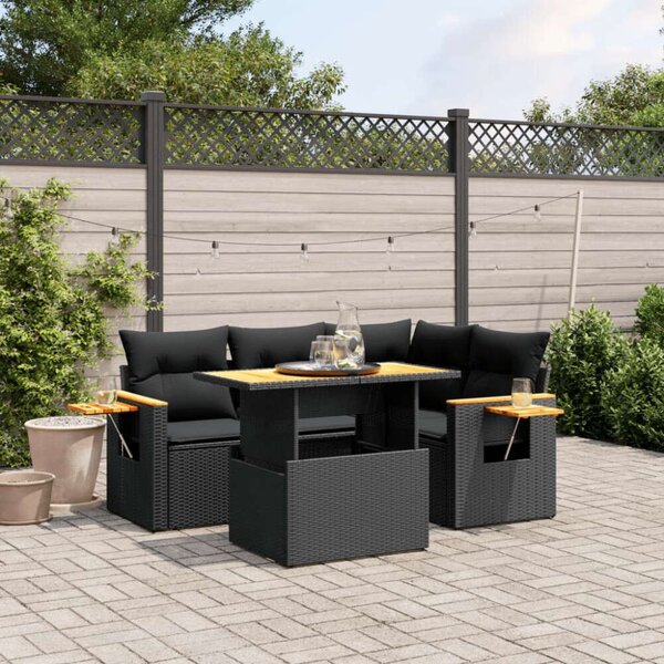 VidaXL 5 részes fekete polyrattan kerti kanapészett párnákkal
