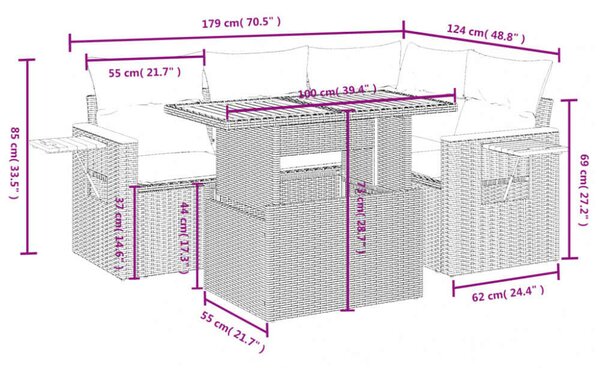 VidaXL 5 részes fekete polyrattan kerti kanapészett párnákkal