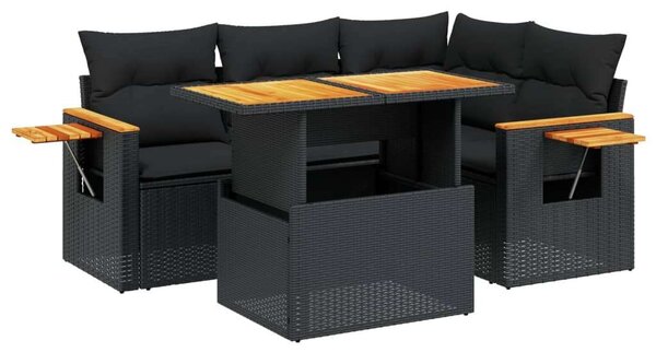 VidaXL 5 részes fekete polyrattan kerti kanapészett párnákkal