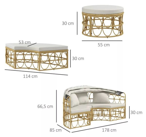 Outsunny Sun Island, 4 darabos szett, kihúzható napellenző, 5 párna, rattan hatású, Bézs
