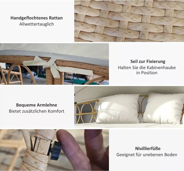 Outsunny Sun Island, 4 darabos szett, kihúzható napellenző, 5 párna, rattan hatású, Bézs