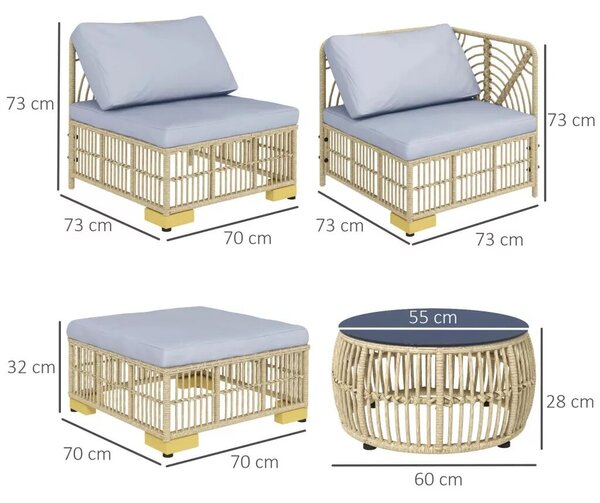 Outsunny Kerti bútor szett, 5 részes, ülőpárnákkal együtt, szintetikus rattan, rozsdamentes acél váz, világosszürke