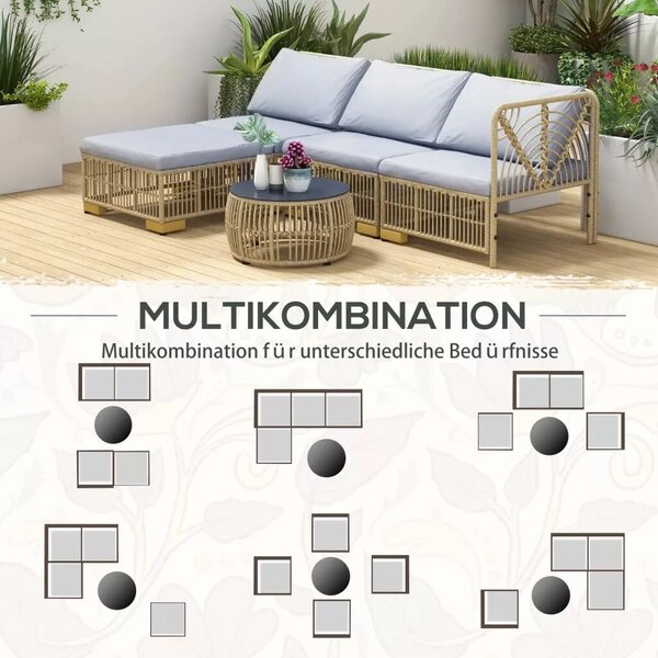 Outsunny Kerti bútor szett, 5 részes, ülőpárnákkal együtt, szintetikus rattan, rozsdamentes acél váz, világosszürke
