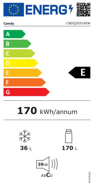 Candy CNDQ2S514EW Felülfagyasztós hűtőszekrény 206L, M:143, E energiaosztály