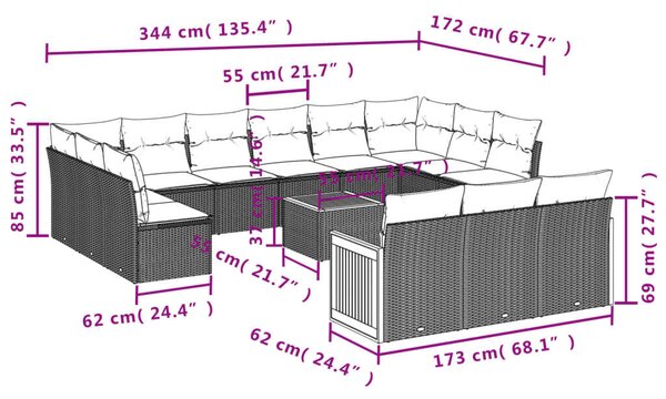 VidaXL Polyrattan Kerti Ülőgarnitúra - 14 részes - Fekete