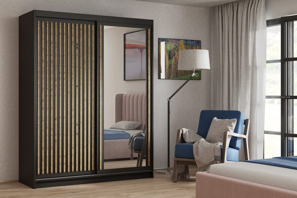 Szekrény lécekkel és tükörrel 100 cm WARDO - fekete / kézműves tölgy