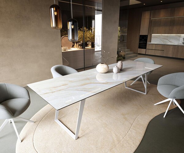 DELIFE Étkezőasztal Edge 300x100 cm kerámia onyx pearl fém ferde fehér
