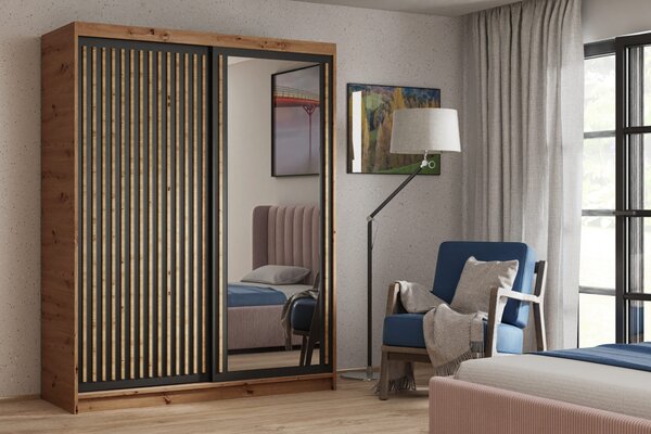 Szekrény lécekkel és tükörrel 100 cm WARDO - kézműves tölgy / fekete / kézműves tölgy