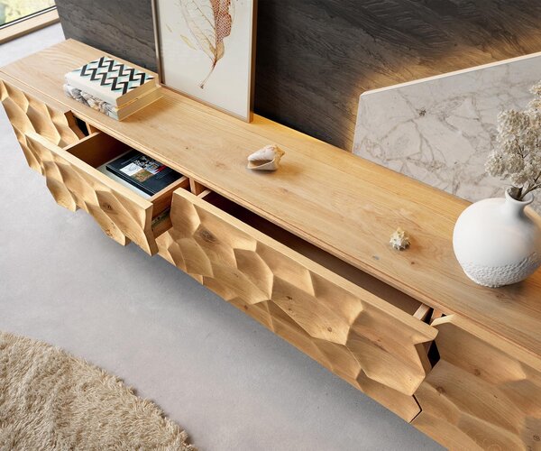 DELIFE TV szekrény Solu 220 cm tölgy természetes 2 ajtós 4 fiókos lebegő fém láb fekete 3D előlap