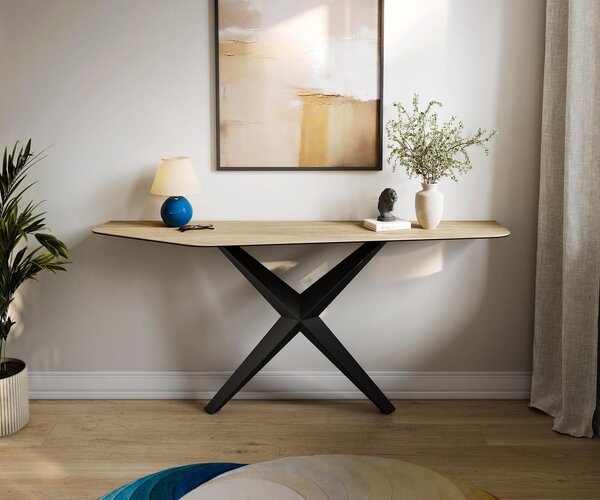 DELIFE Konzolasztal Edge poligonális 180x50 cm Laminam® Sabbia kerámia tölgyszínű Zentharo fém fekete