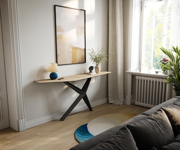 DELIFE Konzolasztal Edge poligonális 180x50 cm Laminam® Sabbia kerámia tölgyszínű Zentharo fém fekete