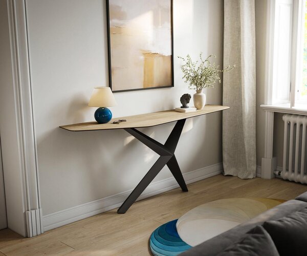 DELIFE Konzolasztal Edge poligonális 180x50 cm Laminam® Sabbia kerámia tölgyszínű Zentharo fém fekete