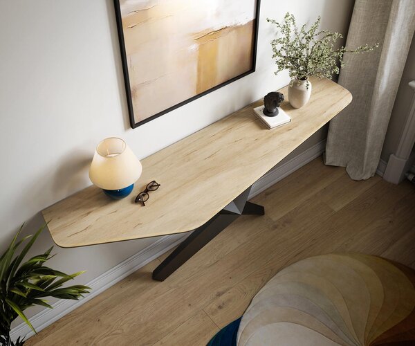 DELIFE Konzolasztal Edge poligonális 180x50 cm Laminam® Sabbia kerámia tölgyszínű Zentharo fém fekete