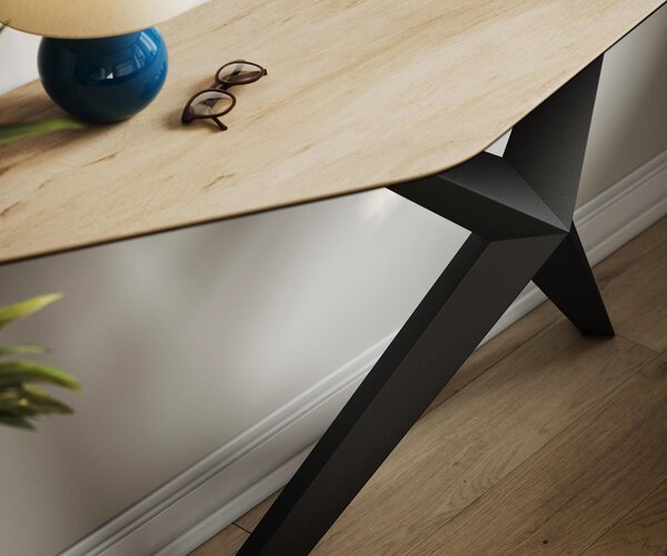 DELIFE Konzolasztal Edge poligonális 180x50 cm Laminam® Sabbia kerámia tölgyszínű Zentharo fém fekete