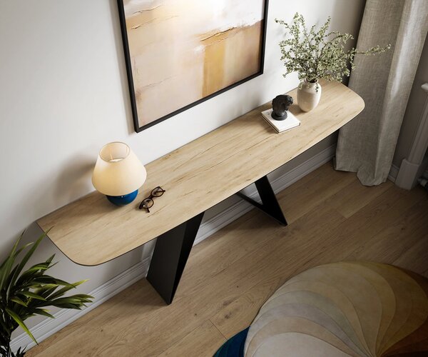 DELIFE Konzolasztal Edge hajóformájú 180x40 cm Laminam® Sabbia kerámia tölgyszínű Velio fekete fém