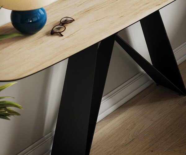 DELIFE Konzolasztal Edge hajóformájú 180x40 cm Laminam® Sabbia kerámia tölgyszínű Velio fekete fém