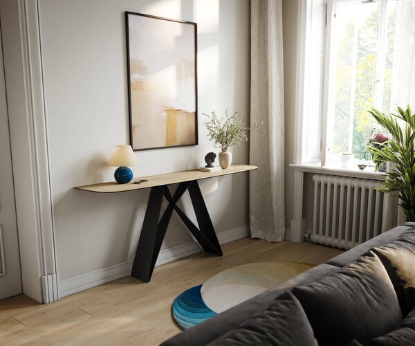 DELIFE Konzolasztal Edge hajóformájú 180x40 cm Laminam® Sabbia kerámia tölgyszínű Velio fekete fém