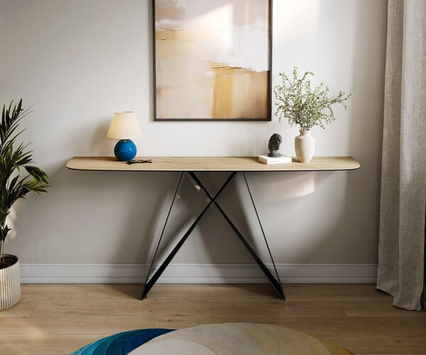 DELIFE Konzolasztal Edge hajóformájú 180x40 cm Laminam® Sabbia kerámia tölgyszínű Velio fekete fém