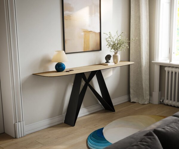 DELIFE Konzolasztal Edge hajóformájú 180x40 cm Laminam® Sabbia kerámia tölgyszínű Velio fekete fém