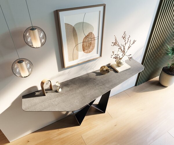DELIFE Konzolasztal Edge poligonális 180x50 cm kerámia beton szürke Spios fém fekete