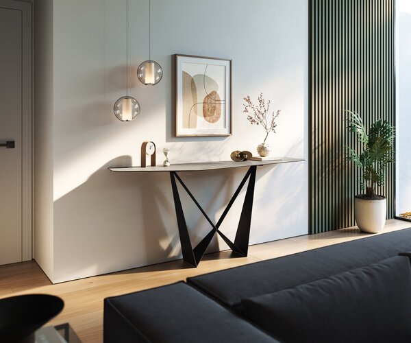 DELIFE Konzolasztal Edge poligonális 180x50 cm kerámia beton szürke Spios fém fekete