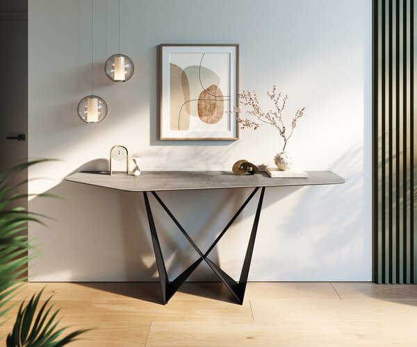 DELIFE Konzolasztal Edge poligonális 180x50 cm kerámia beton szürke Spios fém fekete