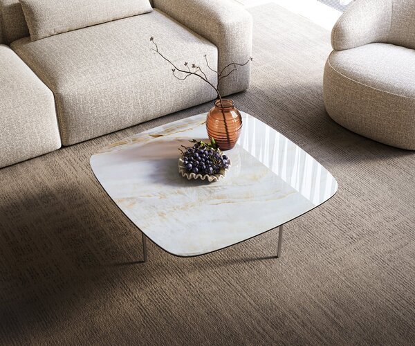 DELIFE Dohányzóasztal Edge hajóformájú 90x90 cm kerámia onyx gyöngyház Trive rozsdamentes acél szálcsiszolt