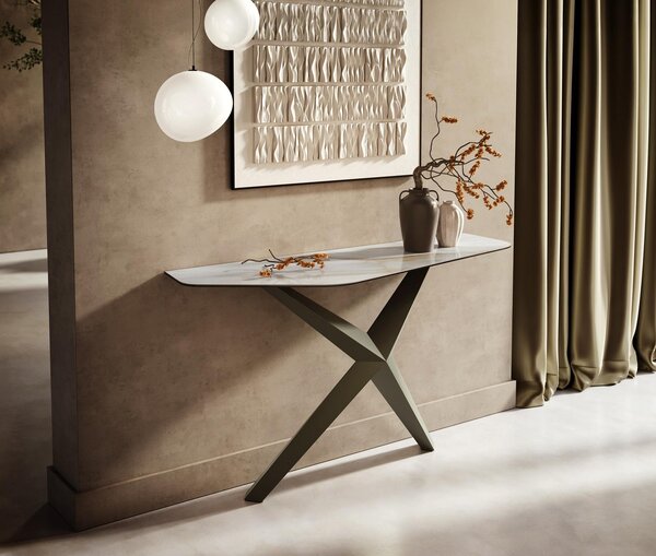DELIFE Konzolasztal Edge poligonális 140x50 cm kerámia onyx gyöngy Zentharo fém titán színű effektfinish