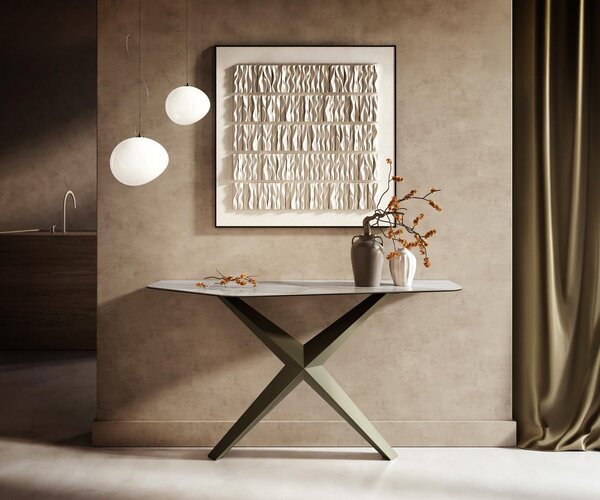 DELIFE Konzolasztal Edge poligonális 140x50 cm kerámia onyx gyöngy Zentharo fém titán színű effektfinish