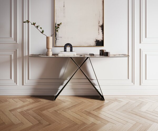 DELIFE Konzolasztal Edge hajóformájú 180x40 cm kerámia patagónia polírozott Velio fém titán színű effektfinish