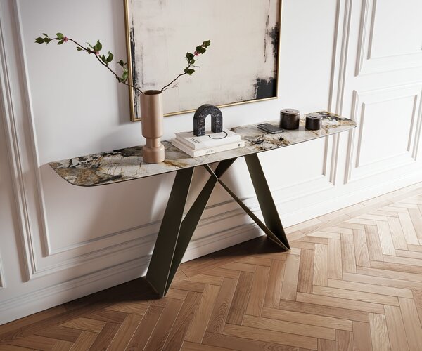 DELIFE Konzolasztal Edge hajóformájú 180x40 cm kerámia patagónia polírozott Velio fém titán színű effektfinish