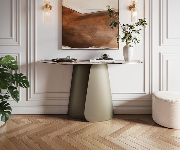 DELIFE Konzolasztal Edge poligonális 140x50 cm kerámia patagónia polírozott Livos fém titán effekt finish