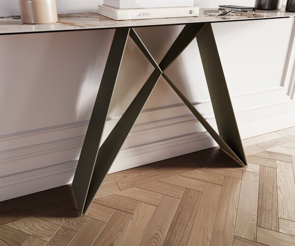DELIFE Konzolasztal Edge hajóformájú 180x40 cm kerámia patagónia polírozott Velio fém titán színű effektfinish