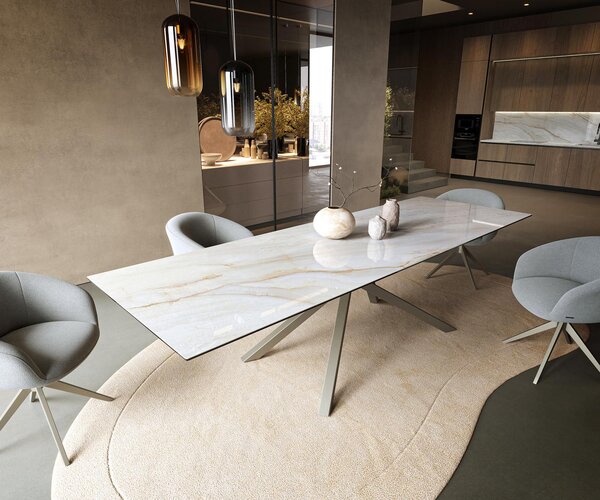 DELIFE Étkezőasztal Edge 300x100 cm kerámia onyx gyöngyház kereszt láb téglalap alakú titán színű hatású felület