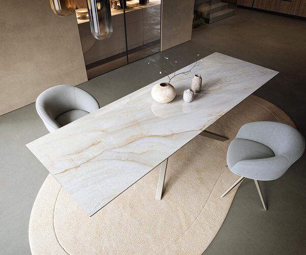 DELIFE Étkezőasztal Edge 300x100 cm kerámia onyx gyöngyház kereszt láb téglalap alakú titán színű hatású felület