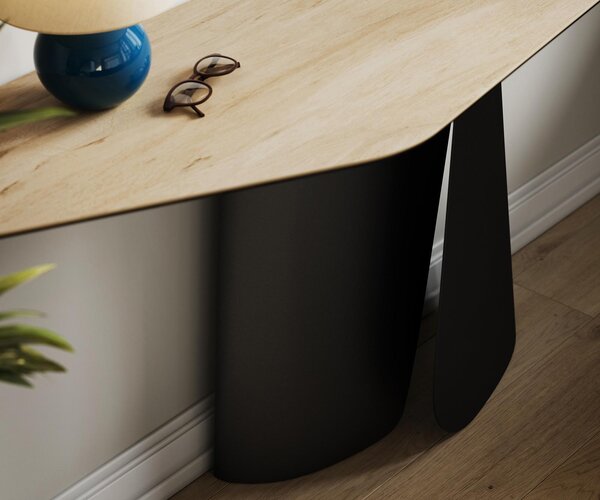 DELIFE Konzolasztal Edge poligonális 180x50 cm Laminam® Sabbia kerámia tölgyszínű Livos fekete fém