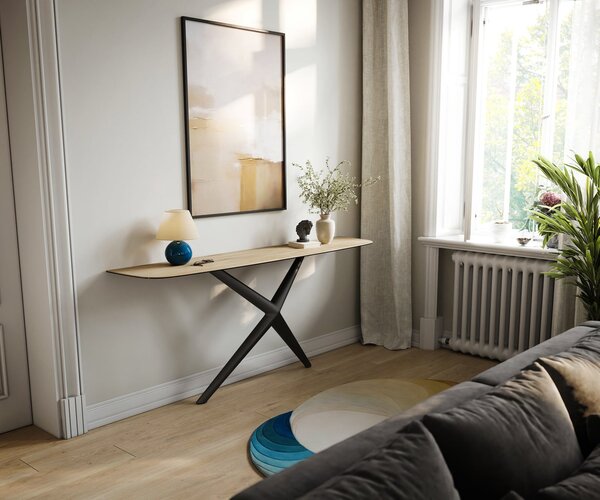 DELIFE Konzolasztal Edge hajóformájú 180x40 cm Laminam® Sabbia kerámia tölgyszínű Estelo fém fekete