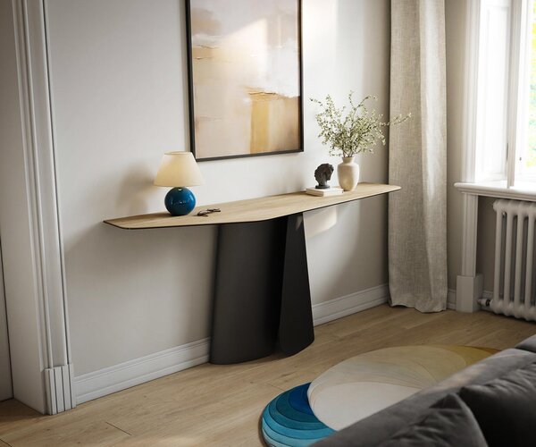 DELIFE Konzolasztal Edge poligonális 180x50 cm Laminam® Sabbia kerámia tölgyszínű Livos fekete fém