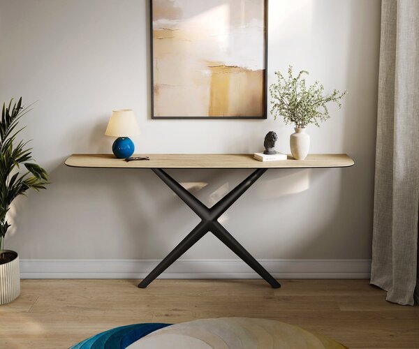 DELIFE Konzolasztal Edge hajóformájú 180x40 cm Laminam® Sabbia kerámia tölgyszínű Estelo fém fekete