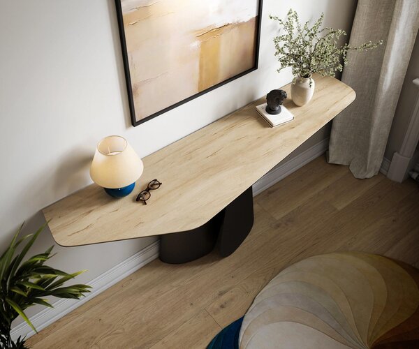 DELIFE Konzolasztal Edge poligonális 180x50 cm Laminam® Sabbia kerámia tölgyszínű Livos fekete fém