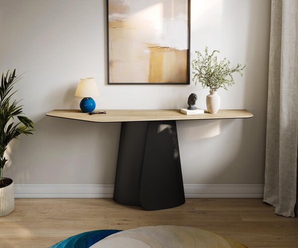 DELIFE Konzolasztal Edge poligonális 180x50 cm Laminam® Sabbia kerámia tölgyszínű Livos fekete fém