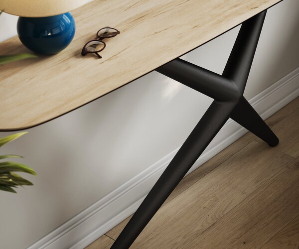 DELIFE Konzolasztal Edge hajóformájú 180x40 cm Laminam® Sabbia kerámia tölgyszínű Estelo fém fekete