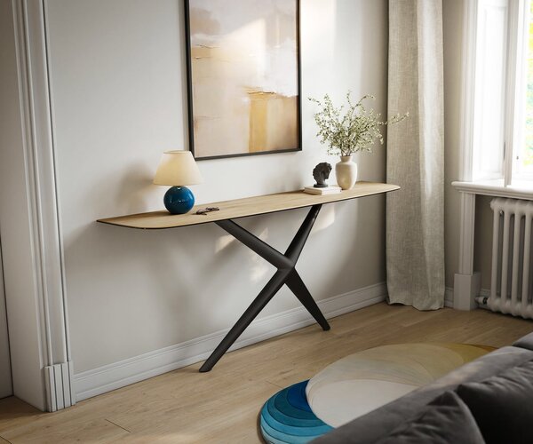 DELIFE Konzolasztal Edge hajóformájú 180x40 cm Laminam® Sabbia kerámia tölgyszínű Estelo fém fekete