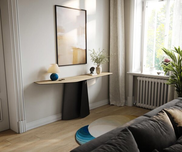 DELIFE Konzolasztal Edge poligonális 180x50 cm Laminam® Sabbia kerámia tölgyszínű Livos fekete fém