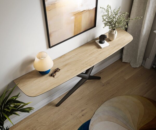 DELIFE Konzolasztal Edge hajóformájú 180x40 cm Laminam® Sabbia kerámia tölgyszínű Estelo fém fekete