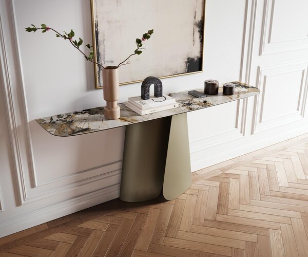 DELIFE Konzolasztal Edge hajóformájú 180x40 cm kerámia patagónia polírozott Livos fém titán színű effekt finish
